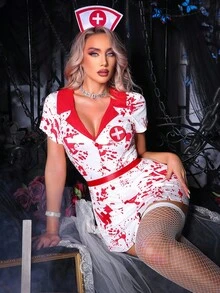 SHEIN Bộ 5 trang phục y tá gợi cảm Halloween, bó sát - trắng - Xem 3