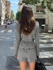 Siren Gaze Women's Wool Blend Shorts Suit Set, Autumn/Winter Grey Two Pieces Set Blazer Short Set Women Short Suit Set Tweed Two Pieces Set 2 Pieces Sets For Women Casual - Grey - View 2