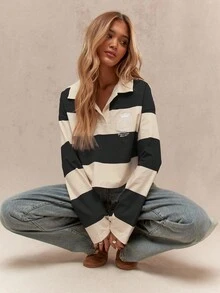 MISSGUIDED Polo rugby de estilo universitario clásico con cuello a rayas, manga larga, corto, informal, para uso diario en otoño e invierno