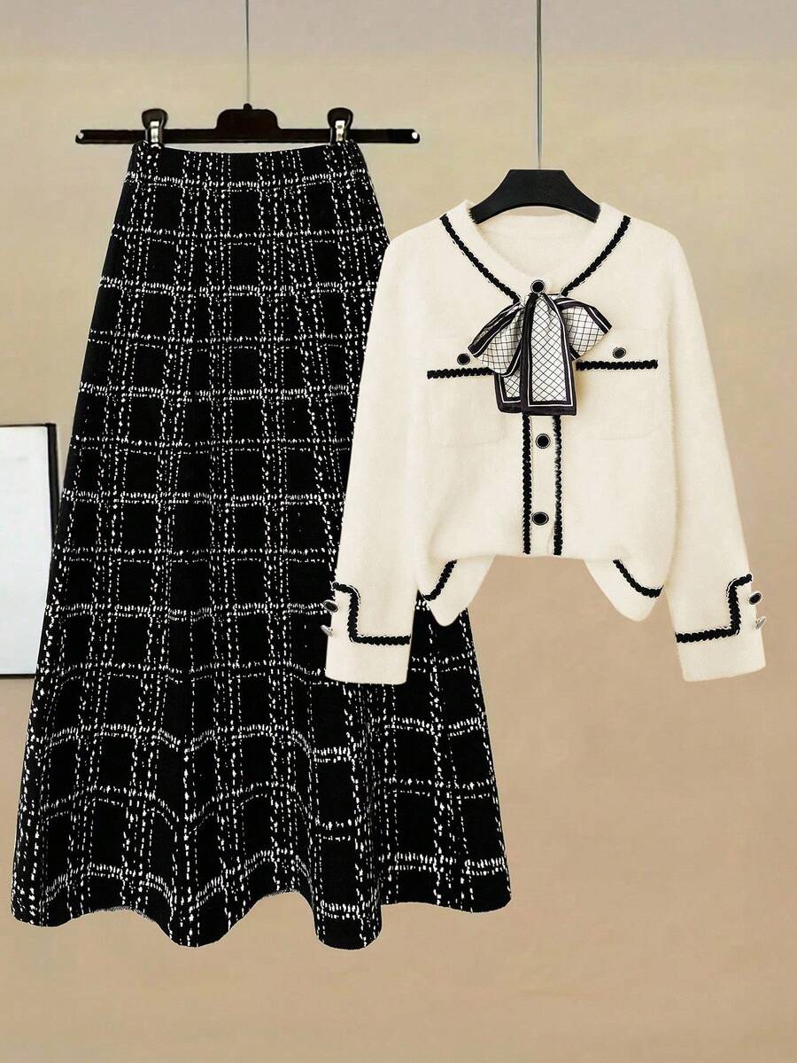 Franclia 女士优雅法式针织开衫和格子 A 字中长裙 2 件套，休闲商务装，带蝴蝶结装饰针织夹克和裙套装粗花呢两件套 2 件套裙套装女士女式裙套装协调套装女士粗花呢裙套装 - 彩色 - 查看 1