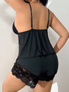 SHEIN Plus Size Lace Patchwork Elastic Knit Sexy Backless Camisole & Shorts Pajama Set Lingerie Short Set Lingerie Sleep Set