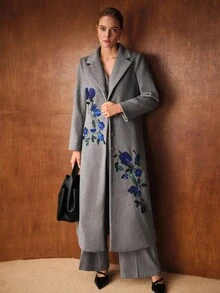 MOTF PREMIUM معطف كبير مزين بأزرار من الترتر متباينة الألوان - رمادي غامق - مشاهدة 4