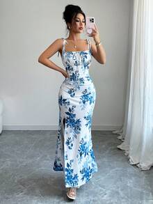 Elenzga petite Đầm midi họa tiết hoa mới, dây buộc eo, viền xếp nếp, xẻ tà, đa năng cho các buổi hẹn hò, tụ tập, mặc hàng ngày, tôn dáng và thanh lịch cho phụ nữ trẻ, mùa xuân/hè - Xanh và trắng - Xem 5