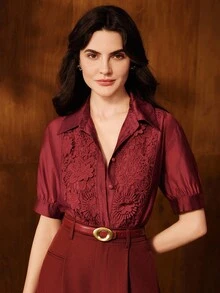 Anewsta Elegant Modern Holiday/Vacation Lace Trim Sheer Blouse, Suitable For Spring, Summer, Festivals, Graduation - Red - View 4