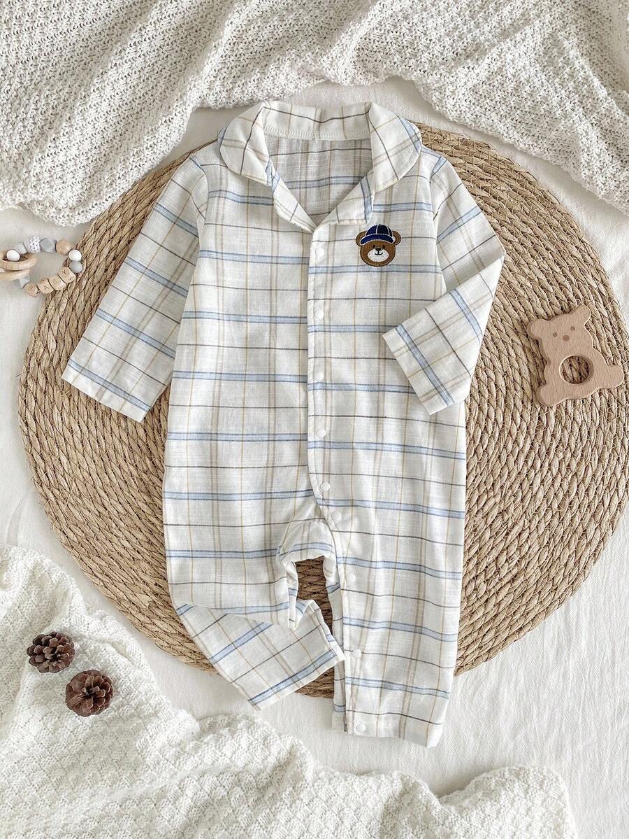 男婴柔软舒适蓝白格子布可爱小熊刺绣长袖连体睡衣新生儿男宝宝连体衣格子婴儿服男宝宝连体衣新生儿睡衣男宝宝新生儿服装新生儿秋装男宝宝冬季连体衣 - 白色 - 查看 1