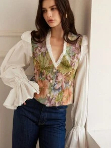 SHEIN X Scot Louie Aveloria Rosie 女士时尚提花面料拼布仿天丝撞色领子荷叶边泡泡超长袖衬衫，初秋 - 彩色 - 查看 6