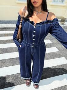 SHEIN EZwear Mono de mezclilla azul marino sin estiramiento de estilo deportivo casual para mujer de talla grande - Azul lavado oscuro - Ver 6