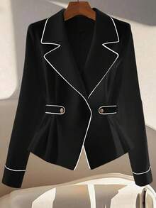 GlowEve 女士优雅撞色饰边腰带西装外套，简约杏色，高品质通勤风格，纯色百搭长袖夹克 - 黑色 - 查看 1