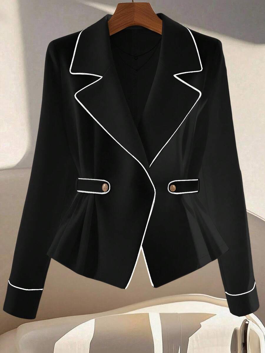 GlowEve 女士优雅撞色饰边腰带西装外套，简约杏色，高品质通勤风格，纯色百搭长袖夹克 - 黑色 - 查看 1
