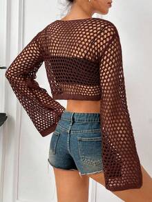 SHEIN EZwear Casual Loose Knit Sweater With Large Mesh Design - Brown - View 2