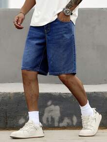 Manfinity Homme Men's Simple Solid Color Denim Wide Leg Shorts With Pockets Washed Blue For Straight Leg - Dark Wash - View 3