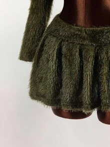 Amplova Plus Size Minimalist Solid Color Fluffy Cardigan And Mini Skirt Set - Army Green - View 6