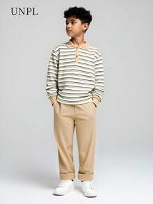 SHEIN 青少年男孩休闲拼色条纹衬衫和纯色裤子套装，春秋季 - 杏色 - 查看 1
