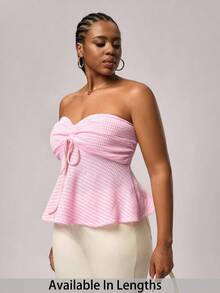 SHEIN Tall CURVE 大码粉色条纹针织抽绳抹胸，四季皆宜 - 彩色 - 查看 1