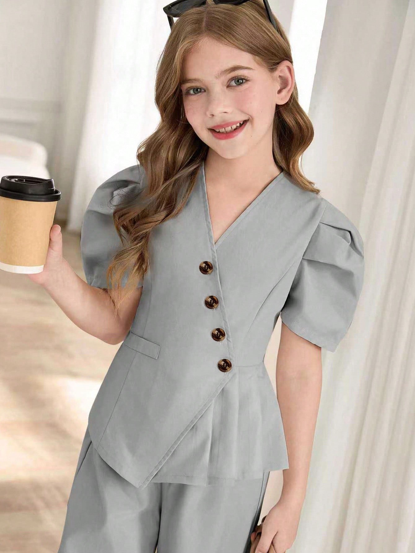 SHEIN مجموعة بنطلون وبلوزة بأكمام منتفخة للبنات، ا...