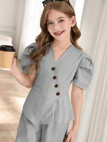 SHEIN 2件套女童泡泡袖斜扣百褶下摆上衣和直腿宽裤套装 - 灰色 - 查看 3