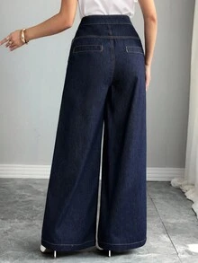 SHEIN Elenzya 女式高腰褶皱口袋阔腿宽松休闲牛仔裤 - 深色水洗藍 - 查看 2