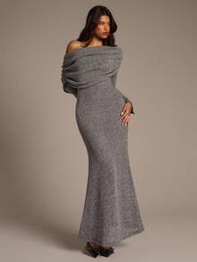 Aloruh Women's Off-Shoulder Ruched Long Sleeve Bodycon Prape Grey Maxi Dress, Fall/Winter - Dark Grey - View 5