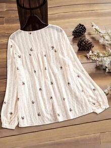 SHEIN LUNE 大码女式复古亚麻休闲通勤购物度假四季圆领长袖纹理印花衬衫 - 杏色 - 查看 2