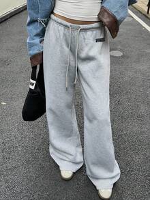Muchica 休闲运动风格女式秋冬宽松抽绳运动裤，带刺绣字母贴片，适合日常穿着和返校季 - 淺灰色 - 查看 4