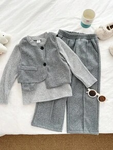 SHEIN 3pcs Young Girl Autumn/Winter Outfit Set: Asymmetrical Top + Ribbed Turtleneck Sweater + Wide Leg Pants - Grey - View 1