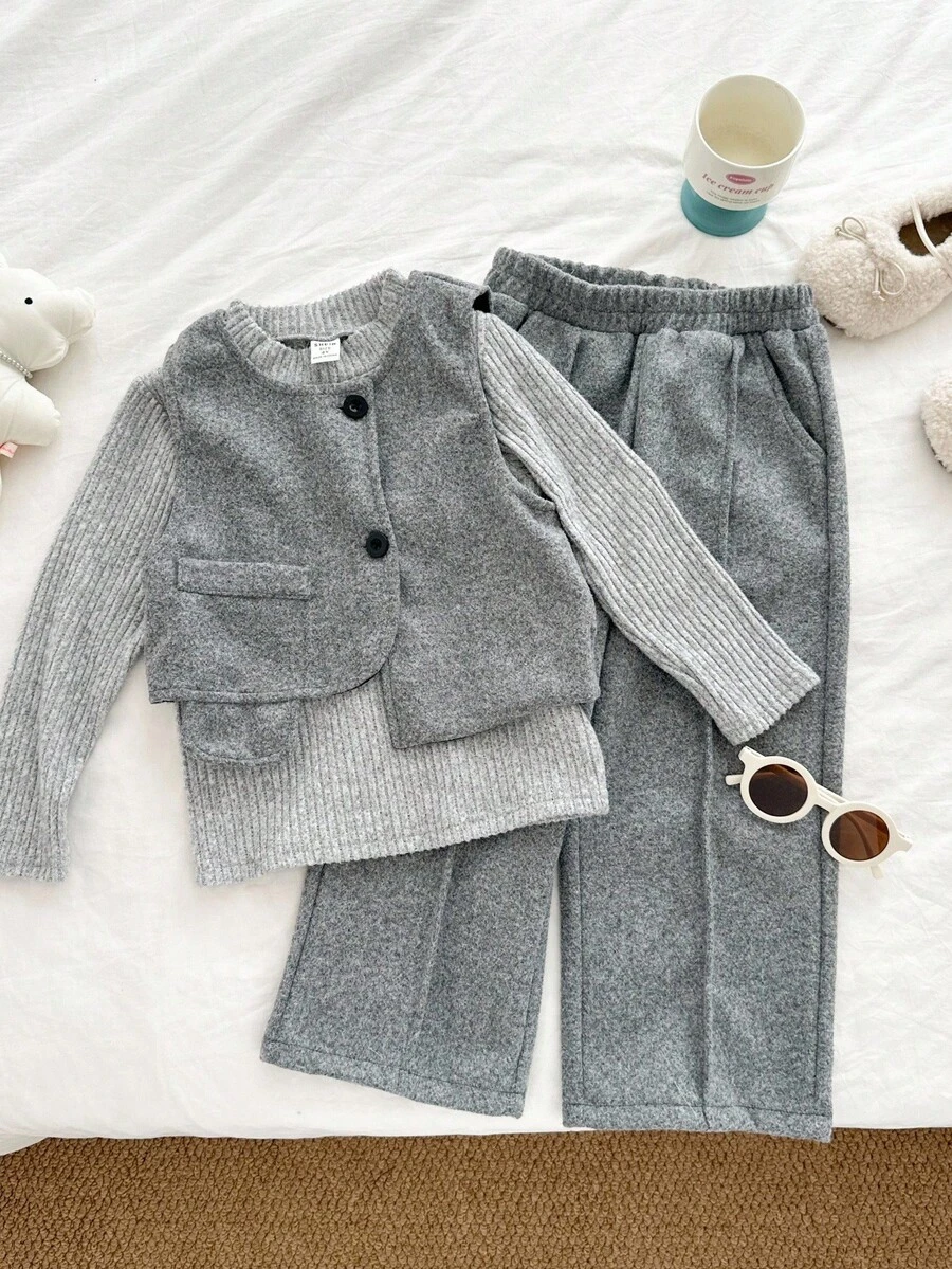 SHEIN 3pcs Young Girl Autumn/Winter Outfit Set: Asymmetrical Top + Ribbed Turtleneck Sweater + Wide Leg Pants - Grey - View 1