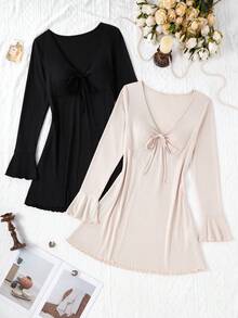 Snug Zone 2 件套 V 领系腰荷叶边修身连衣裙家居服套装，适合女士秋季服装 - 彩色 - 查看 3