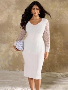 Flirla Plus Size Vintage Patchwork White Long Sleeve Slim Fit Midi Sweater Dress Fall Winter Cloth For Women Autumn - White - View 6