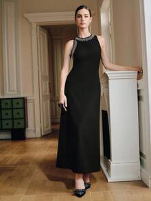 ANEWSTA 女式高端不对称露背设计闪亮水钻装饰无袖连衣裙 - 黑色 - 查看 7