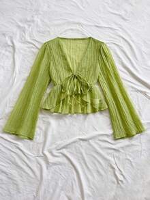 Soleia 荷叶边下摆喇叭袖系带衬衫 - 綠色 - 查看 5