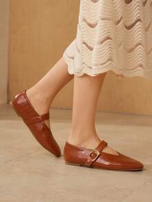 MOTF PREMIUM WOMEN'S COMMUTING CASUAL COMFORTABLE VERSATILE MARY JANE SQUARE TOE FLAT SHOES - Brown - View 7