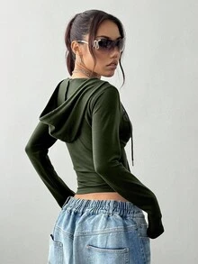 StreetHx Áo nỉ ngắn cổ chữ V có mũ trùm đầu thường ngày dành cho nữ - xanh quân đội - Xem 2