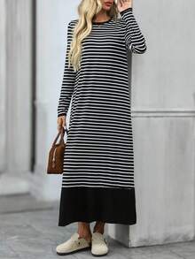 EMERY ROSE 条纹拼布长袖宽松连衣裙 - 彩色 - 查看 5