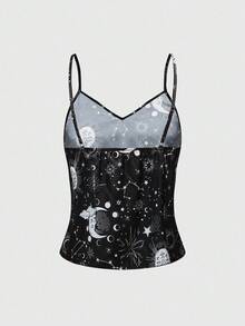 ROMWE Goth Women's Gothic Sun, Moon & Star Print Satin Camisole & Shorts Lace Trim Pajama Set