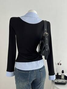Elamini 1 件女式黑白条纹针织弹力修身长袖衬衫，分层外观，简约学院风，适合办公室、通勤、休闲穿着 - 彩色 - 查看 2
