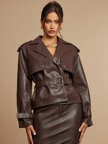 Silquee Áo khoác trench coat hai hàng khuy trơn màu dành cho nữ, phong cách đi làm - Màu nâu  Mocha - Xem 4