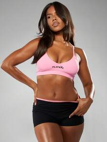 Missguided x Playboy Performance Sports Bra High Impact Supportive Athletic Racerback Padded Workout Running Yoga Fitness Exercise Moisture Wicking Breathable Crossback Training - Pink - View 1