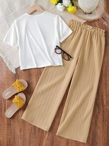 女童度假休闲碎花宽松T恤+梭织纹理宽松裤套装 - 彩色 - 查看 2