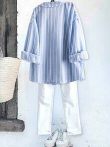 大码时尚蓝色条纹女式 2025 新款荷叶边大码袖棉质衬衫，适合返校、毕业、情人节、音乐节、母亲节、万圣节、感恩节、复活节、国庆节、舞会、约会、派对、婚礼、户外活动 - 藍白色 - 查看 3