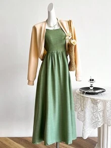 Sweetra Young 2 件套青少年女孩休闲日常约会装：长袖开衫和吊带背心连衣裙套装