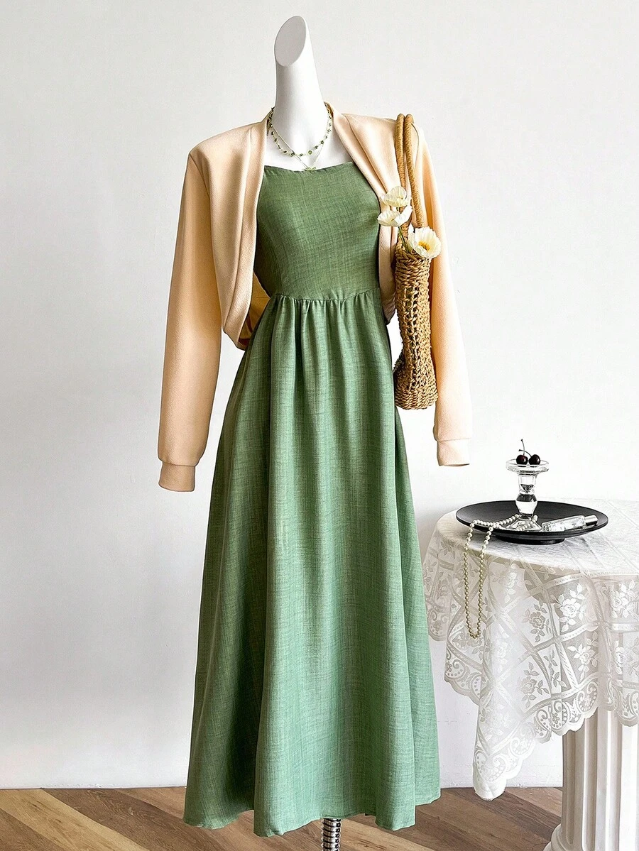 Sweetra Young 2 件套青少年女孩休闲日常约会装：长袖开衫和吊带背心连衣裙套装