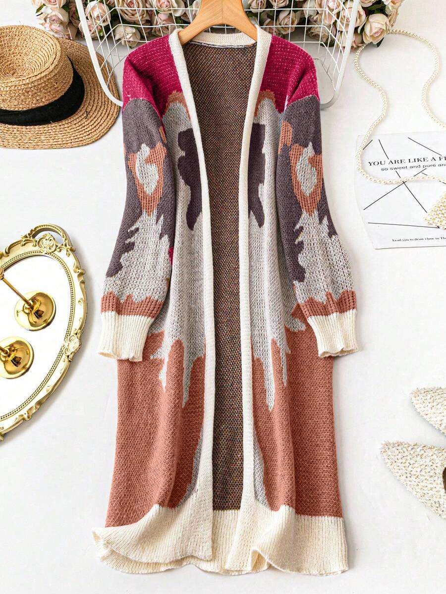 SHEIN LUNE Cárdigan de largo medio multicolor para mujer - Óxido marrón - Ver 1