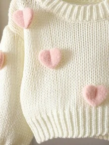 SHEIN Playful Pals 少女可爱3D心形白色毛衣圆领灯笼袖针织套头衫 - 米色 - 查看 4