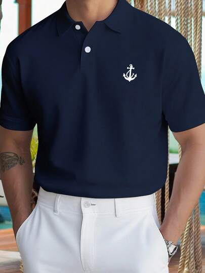 Manfinity Mode 男士锚印花短袖休闲通勤 Polo 衫，适合游艇、邮轮等场合，水手衫风格，夏季休闲穿搭，尽显复古韵味。