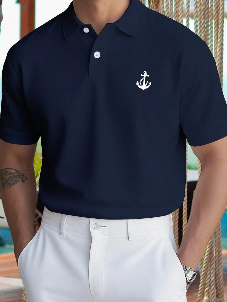 Manfinity Mode 男士锚印花短袖休闲通勤 Polo 衫,适合游艇、邮轮等场合,夏季穿着,复古正装风格。 - 寶藍色 - 查看 1