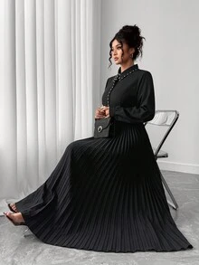 Elenzga Vestido plisado de línea A elegante y minimalista, vestido de trabajo de manga larga con cuello contrastante con tachuelas - Negro - Ver 6