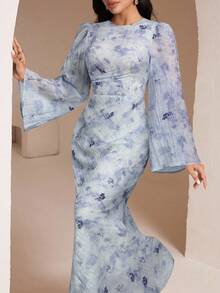 Veilorie Vestido ajustado de mujer con estampado completo y cuello redondo, elegante