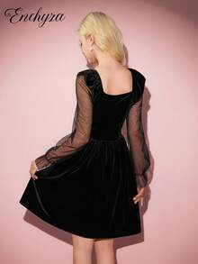 优雅天鹅绒束腰连衣裙，黑色，荷叶边网袖，秋冬 - 黑色 - 查看 2