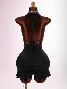 Amplova 女式性感露背系带紧身迷你连衣裙，带荷叶边下摆装饰 - 黑色 - 查看 3