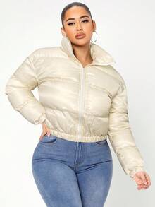 SHEIN SXY 性感拉链漏斗领冬季外套 - 米色 - 查看 5